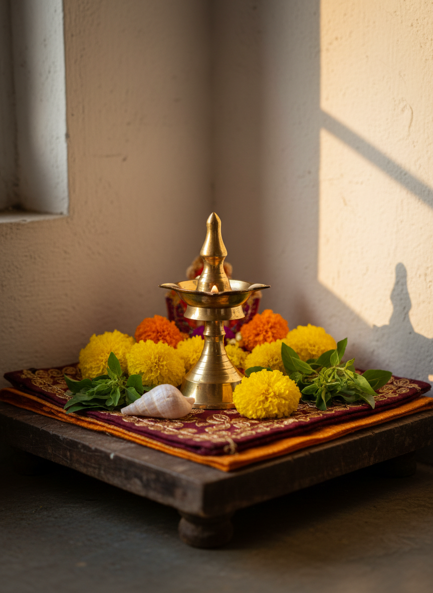 A close, photographic composition of a small, beautifully arranged corner shrine in Vrindavan style, without any human presence. The central focus is an ornate brass lamp, polished to a warm glow, placed on an aged wooden platform draped in deep maroon and saffron cloth with subtle embroidered patterns. Around it sit fresh yellow marigolds, tulsi leaves, and a single conch shell. Gentle golden-hour sunlight streams in from a side window, creating soft highlights on the brass and long, tranquil shadows on the textured wall behind. The atmosphere is intimate, refined, and soaked in devotion, captured with shallow depth of field and a sophisticated, high-clarity, photographic realism.