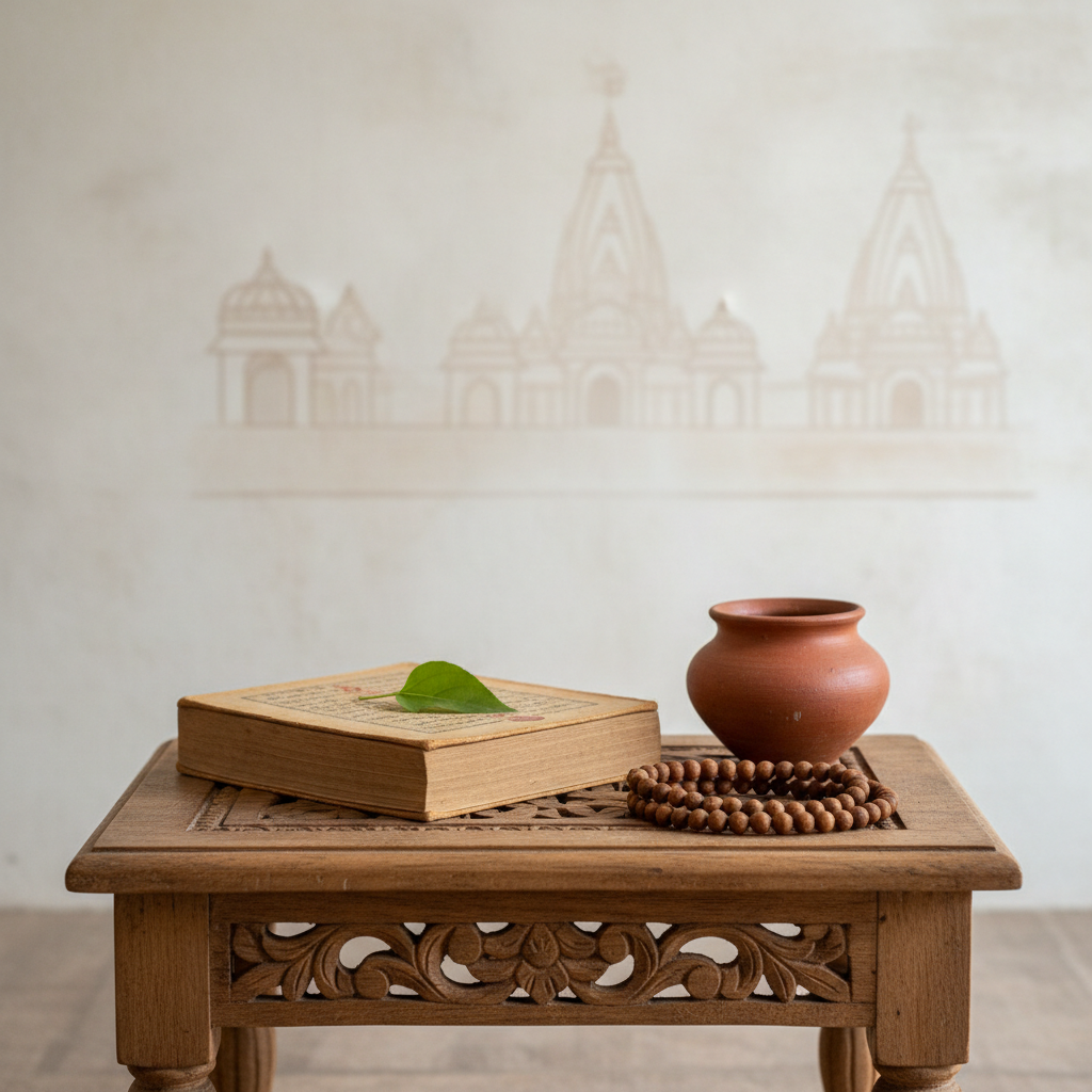 A contemplative, photographic still life representing bhakti and spiritual motivation inspired by Vrindavan teachings. On a low, carved wooden table rests a worn, cloth-bound religious text in Devanagari script, its pages slightly open with a tulsi leaf as a bookmark. Beside it lie wooden meditation beads coiled in a precise circle, and a small clay pot of fresh water. The background is a softly textured, neutral wall with a subtle mural of Vrindavan temples just barely visible. Diffused, overcast light from an unseen window bathes the scene, creating gentle gradients and minimal shadows. The composition is centered and balanced, with a calm, introspective mood and shallow depth of field, in refined photographic realism suited for thoughtful blog headers.