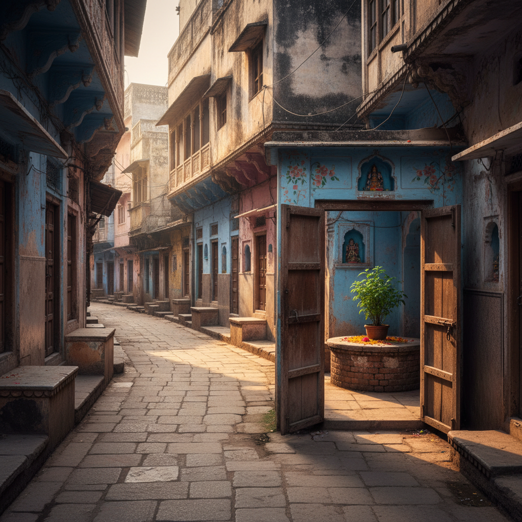 An expansive, photographic street scene from Vrindavan’s old lanes, portrayed without people, emphasizing spiritual ambience. Narrow stone pathways, worn smooth by countless footsteps of devotees, wind between aged, pastel-colored buildings adorned with faded floral motifs and small temple niches. At the center, a simple, open doorway reveals a quiet inner courtyard with a tulsi plant on a raised brick platform, surrounded by soft flower petals. Late afternoon sunlight filters down between rooftops, creating alternating bands of light and shadow that guide the eye deeper into the frame. The mood is nostalgic, motivational, and spiritually charged, shot from a slightly low angle with strong perspective lines and crisp detail that reflects a sophisticated documentary style.