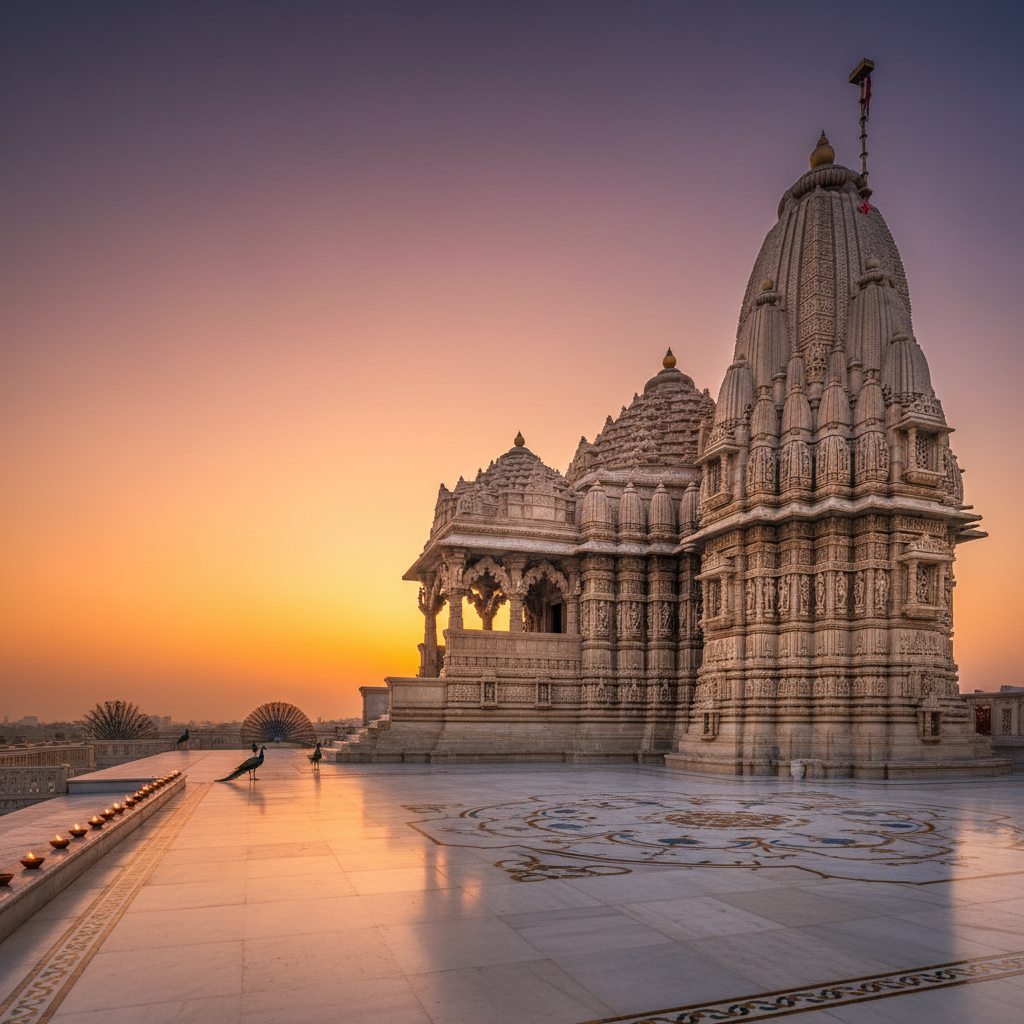 A majestic, photographic depiction of an iconic Vrindavan temple complex at sunset, presented without crowds, to emphasize pure spiritual architecture. The temple’s pale sandstone towers, covered in intricate carvings of sacred symbols, rise against a sky painted in deep orange and violet hues. In the foreground, a spacious marble courtyard with subtle inlay patterns reflects the warm sky glow, with a single line of small clay lamps along the edge suggesting evening aarti. A few peacocks stand at a distance as elegant silhouettes. The light is rich and golden, casting long, serene shadows and delicate rim lighting on the carvings. Captured from a slightly elevated angle with wide dynamic range and crisp detail, the mood is awe-inspiring, devotional, and sophisticated.